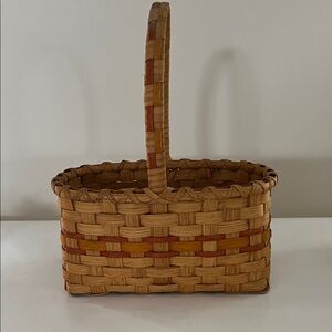 Vintage Handwoven Split Small Market Basket / natural w orange & rust trim